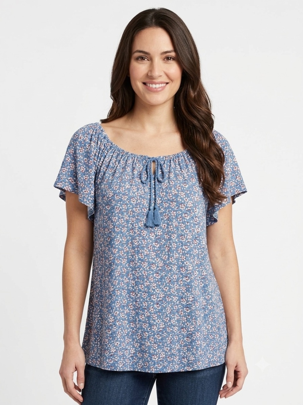 CHAPS Blue Floral Short Sleeve Top Medium